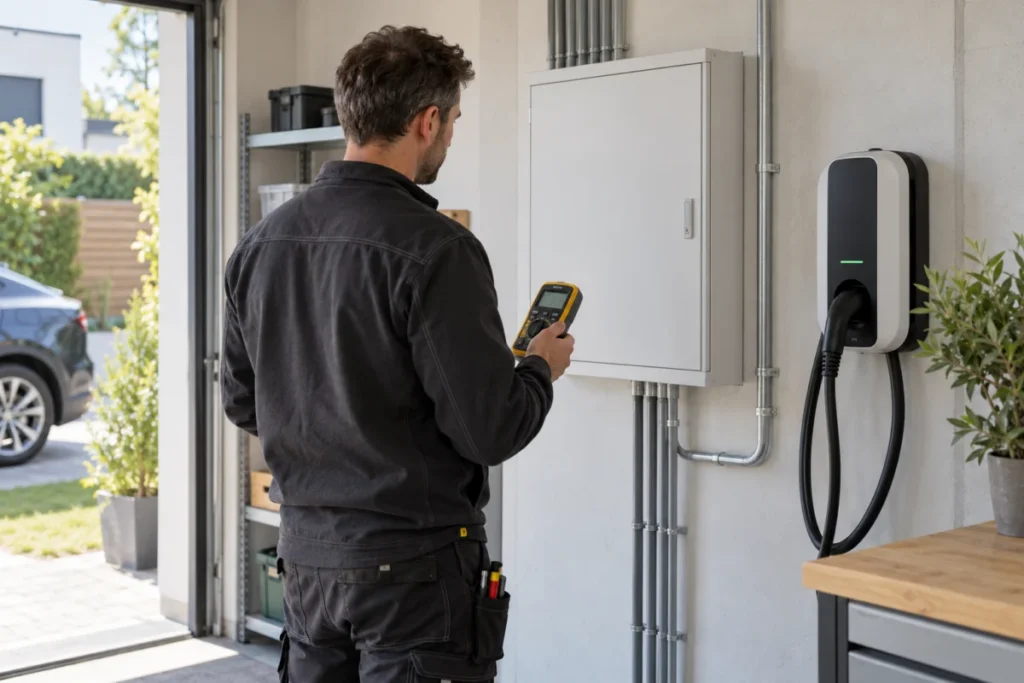 Fachkraft prüft die geschlossene elektrische Verteilung einer Ladeinstallation