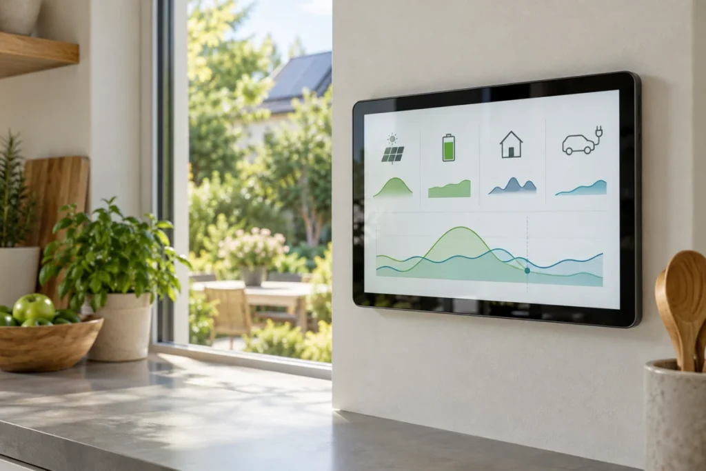 Tablet mit einer grafischen Übersicht zu Solarstrom, Speicher und Verbrauch