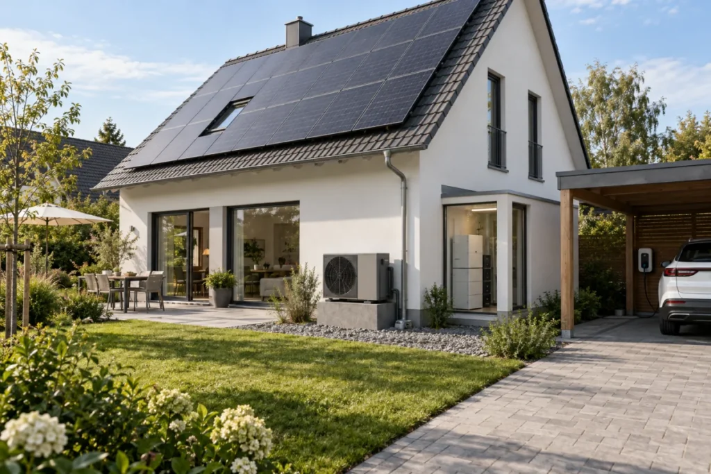 Wohnhaus mit Photovoltaik, Wärmepumpe, Speicher und Ladestation