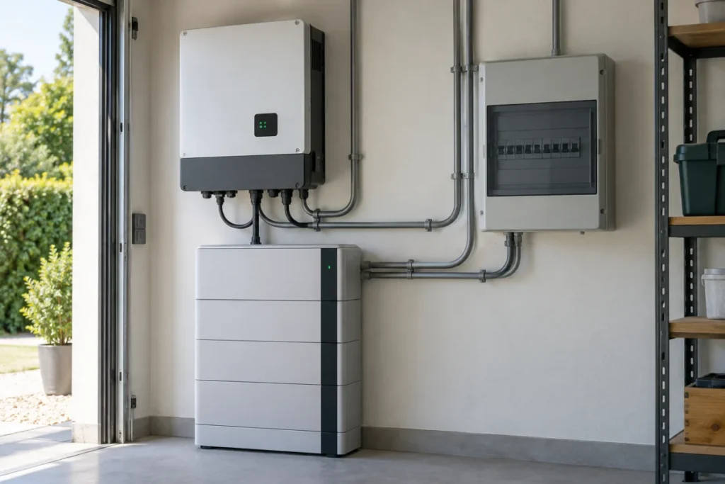 Wechselrichter und Batteriespeicher mit geordneten Anschlussleitungen