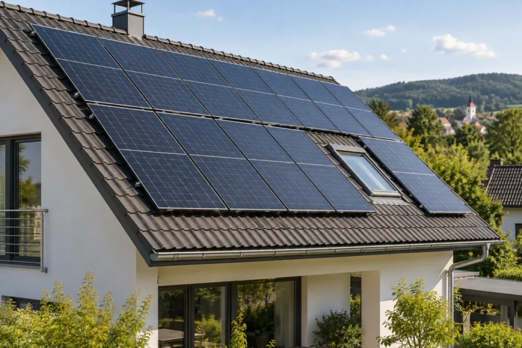 Gleichmäßig montierte Solarmodule auf einem Hausdach