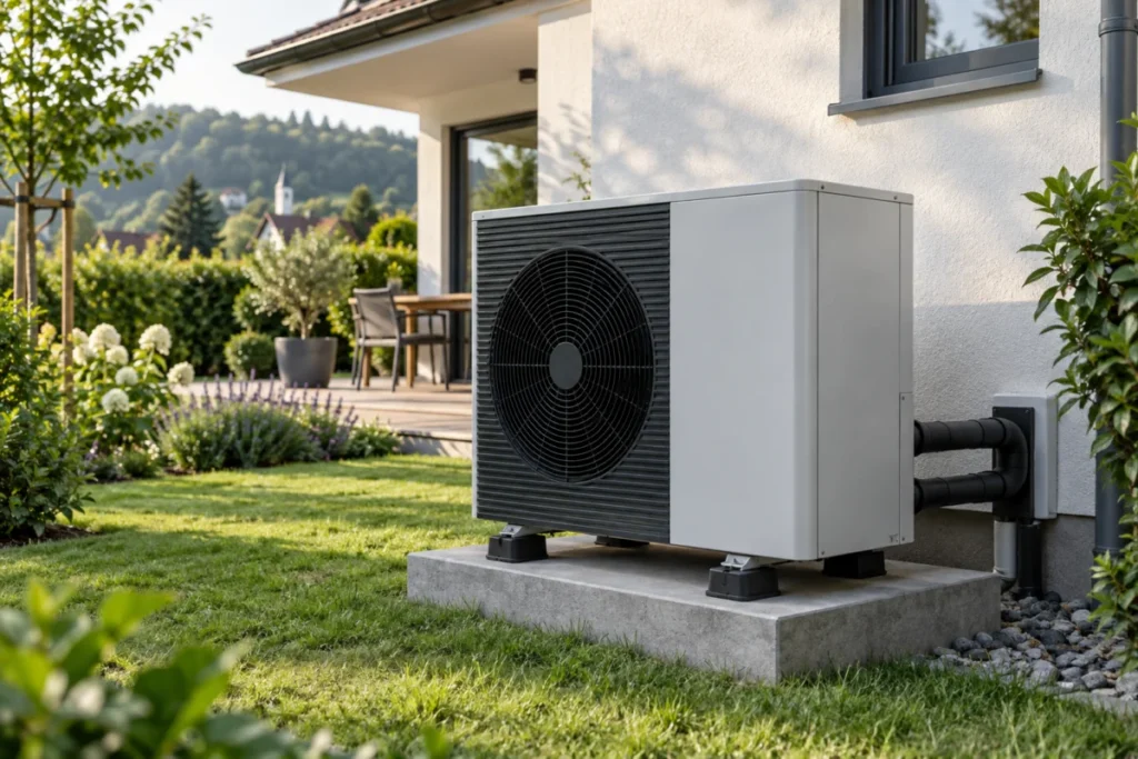 Außen aufgestellte Wärmepumpe mit freiem Abstand in einem Hausgarten