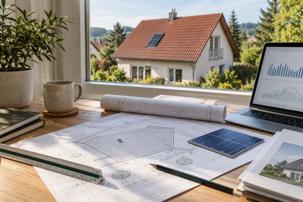 Dachplan, Messwerkzeug und Photovoltaik-Muster auf einem Planungstisch