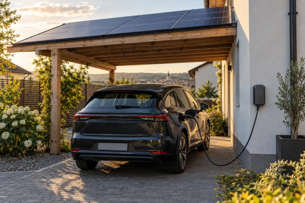 Elektroauto lädt an einer Wallbox unter einem Solardach