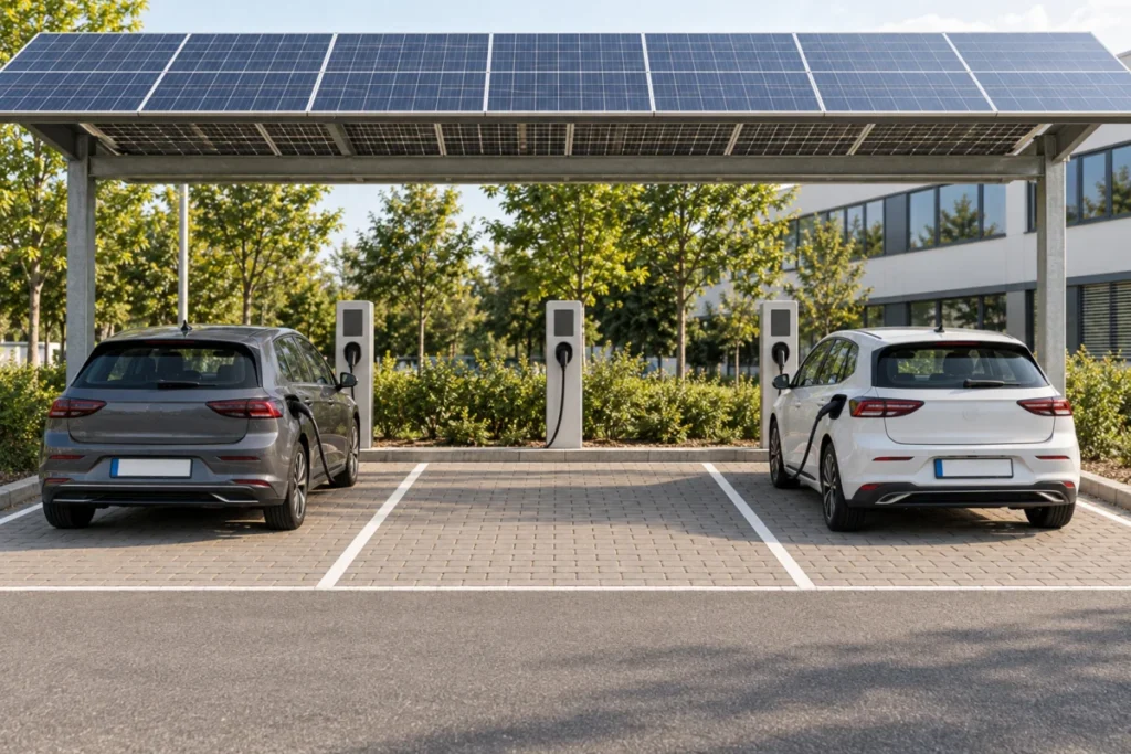 Drei erreichbare Ladestellplätze unter einem Solardach, der mittlere Stellplatz ist frei